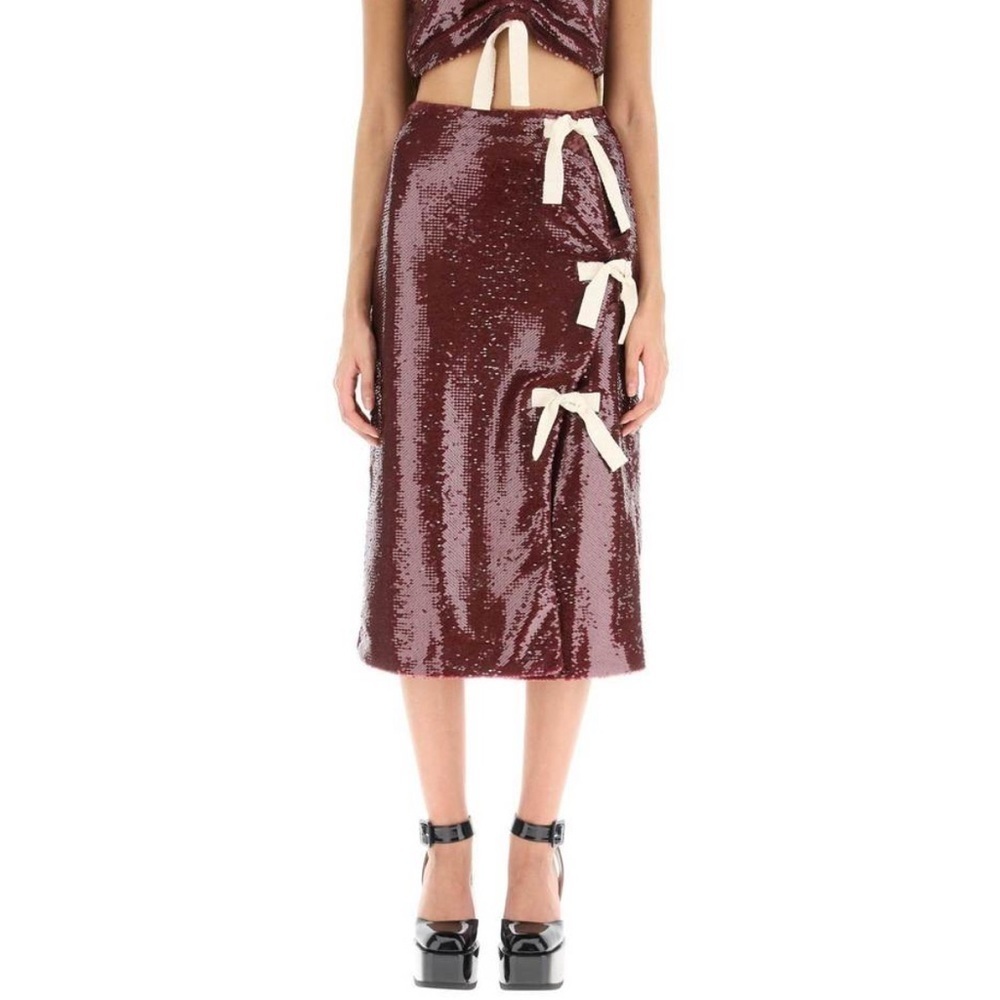 Ganni Sequin Midi Skirt with Bows - Burgundy size 34 - Picture 2 of 8